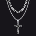 Jesus Crucifix Cross & Cuban Chain Layered Necklaces Set for