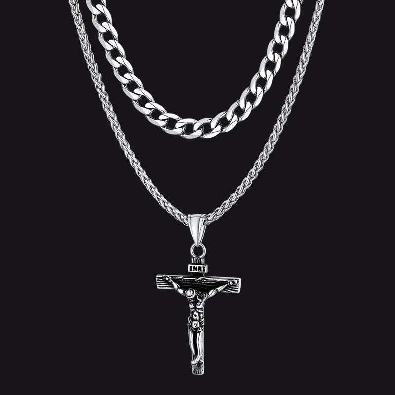 Jesus Crucifix Cross & Cuban Chain Layered Necklaces Set for