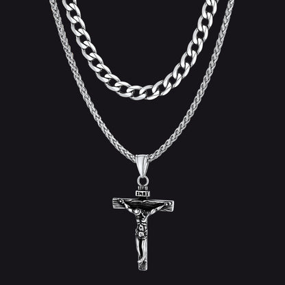 Gift for Jesus Cross & Cuban Chain Layered Necklace Set Birthday Gift