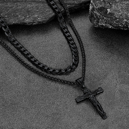 Jesus Crucifix Cross & Cuban Chain Layered Necklaces Set for