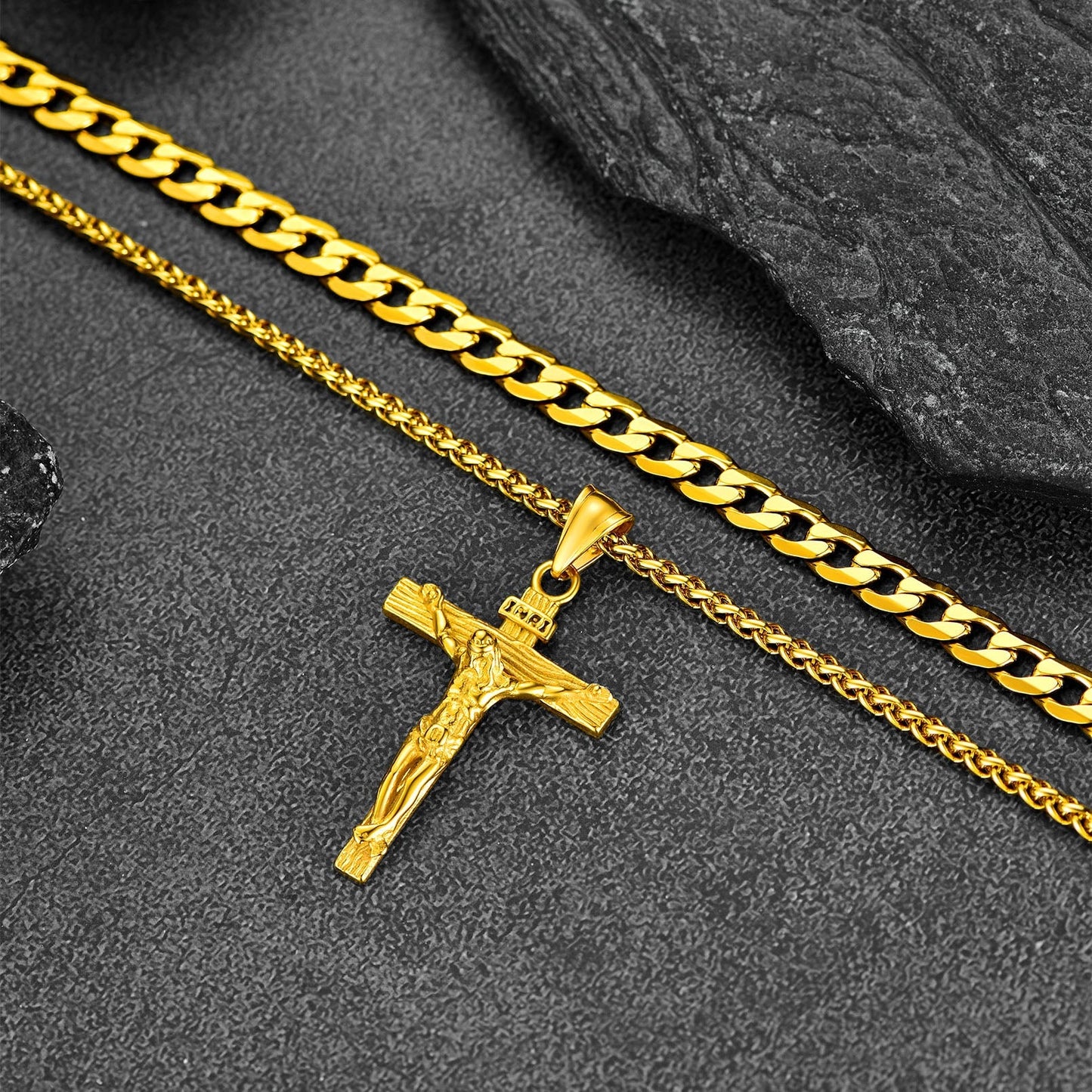 Jesus Crucifix Cross & Cuban Chain Layered Necklaces Set for
