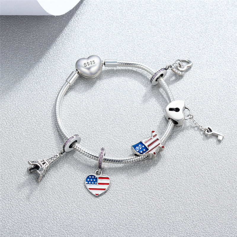 Cubic Zirconia American Flag Charm Beads Fit Bracelet Necklaces