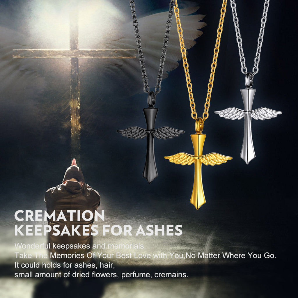 Custom Cremation Wings Cross Urn Ashes Pendant Necklace for