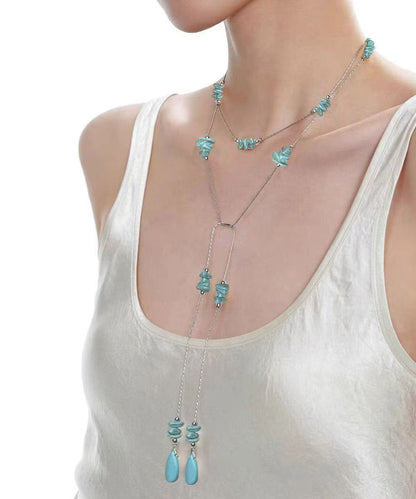Blue Stainless Steel Turquoise Beads Sweater Pendant Necklace
