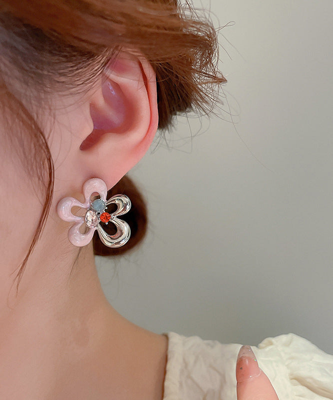 Colorblock Alloy Zircon Drip Glaze Hollow Out Stud Earrings