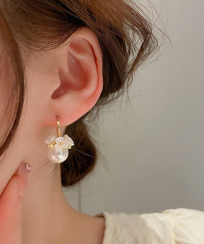 Gold Alloy Zircon Pearl Hoop Earrings