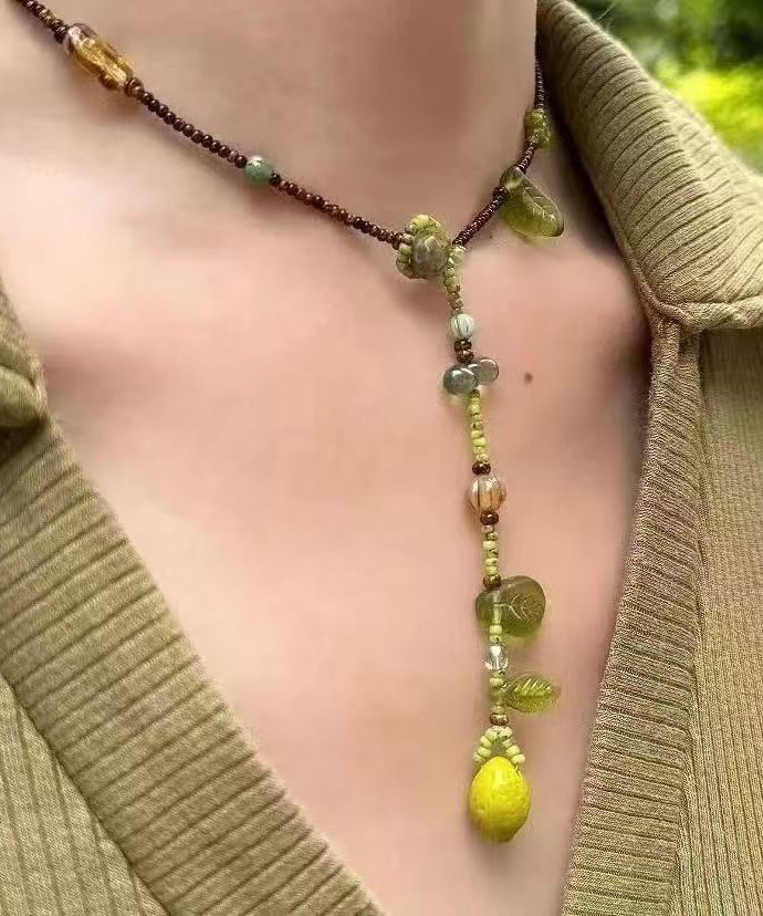Green Handmade Weaving One Lemon Beading Tassel Pendant Necklace