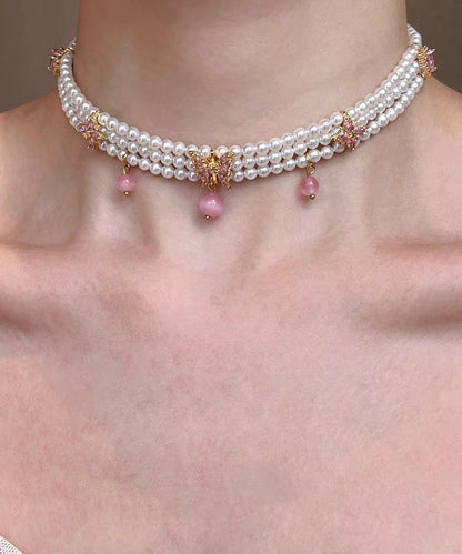 Pink Alloy Pearl Cat's Eye Strawberry Beading Pendant Necklace Three-piece Set