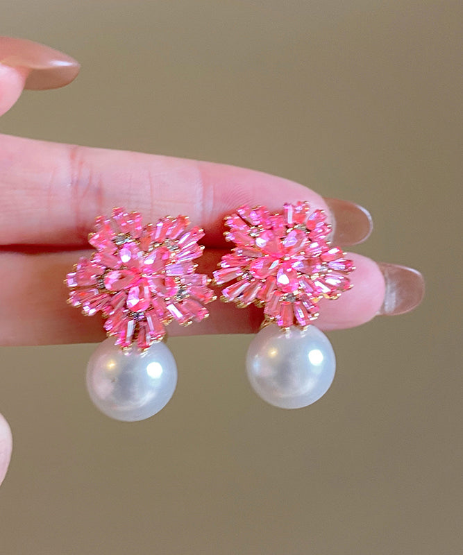 Pink Copper Alloy Zircon Pearl Drop Earrings
