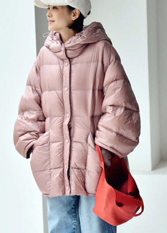 Pink Drawstring Zippered Button Low High Design Hooded Duck Down Filled Down Coat Winter