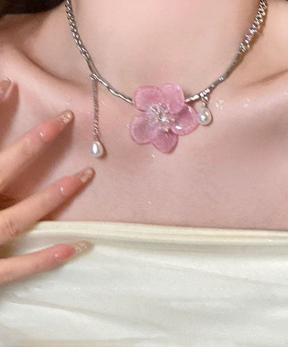 Retro Pink Stainless Steel Pearl Tassel Pendant Necklace Ya015