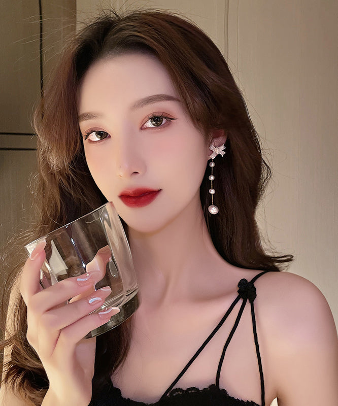 White Sterling Silver Alloy Bow Pearl Tassel Drop Earrings