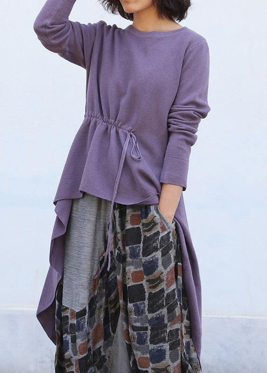 Purple Clothes O Neck Knitted Blouse Drawstring Asymmetric
