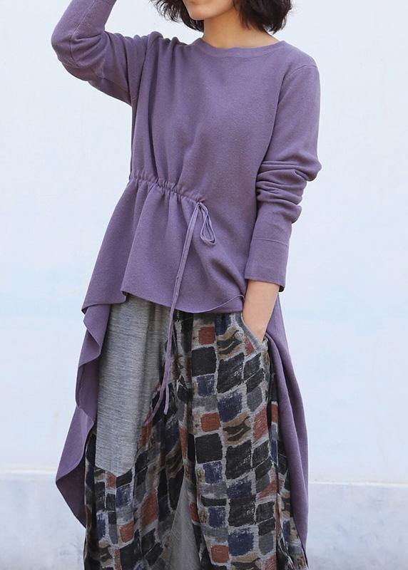 Purple Clothes O Neck Knitted Blouse Drawstring Asymmetric