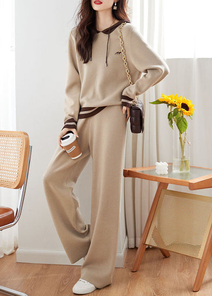 Diy Apricot Patchwork Drawstring Hoodie Coats and Pants Two Pieces Set Fall