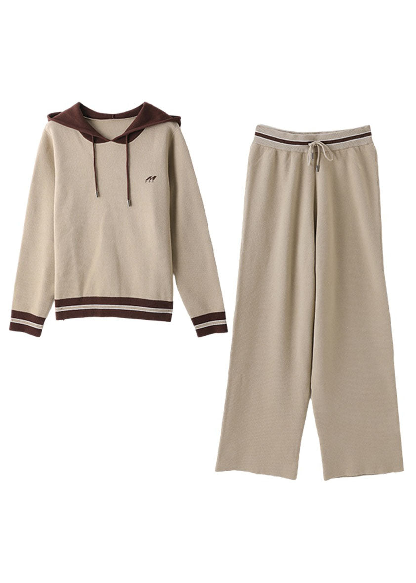 Diy Apricot Patchwork Drawstring Hoodie Coats and Pants Two Pieces Set Fall