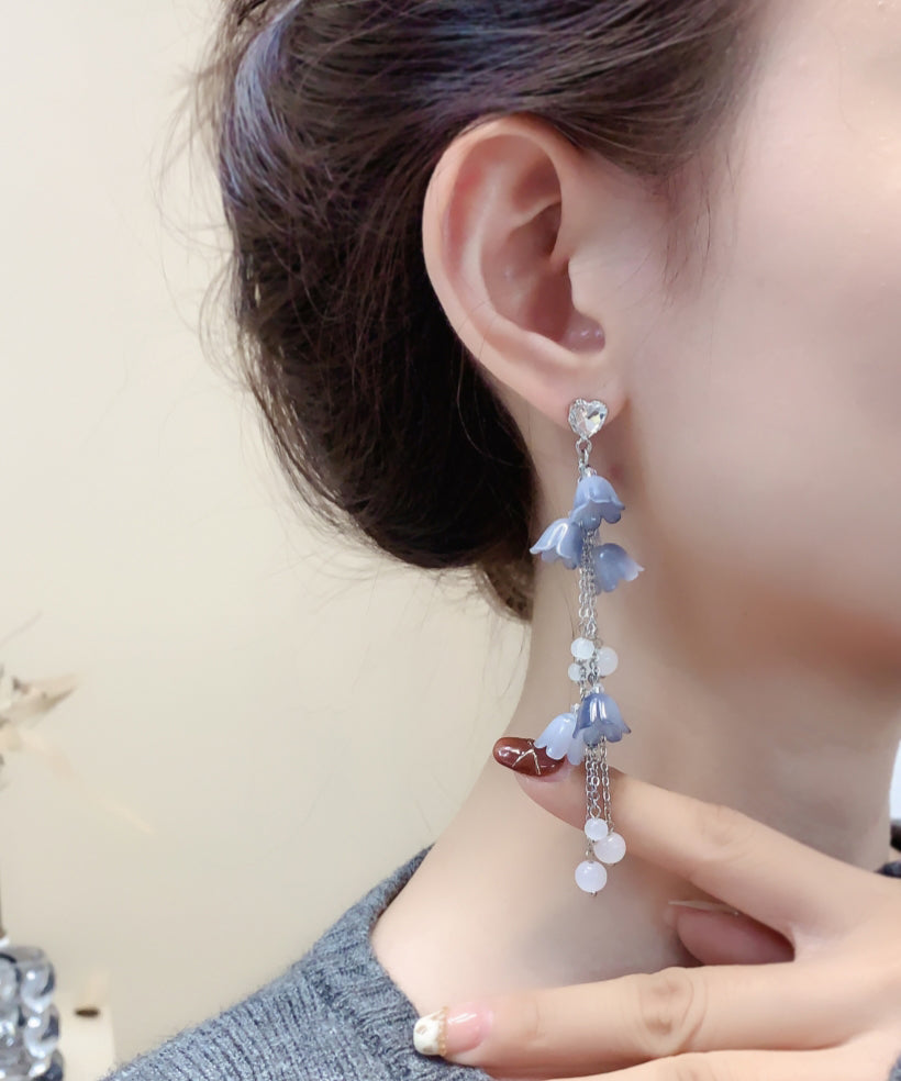 Diy Blue Sterling Silver Zircon Pearl Tassel Drop Earrings Kx1084