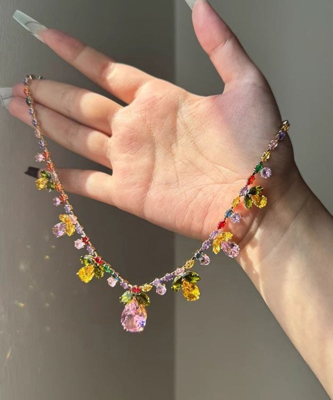 Diy Rainbow Alloy Crystal Leaf Water Droplet Pendant Necklace