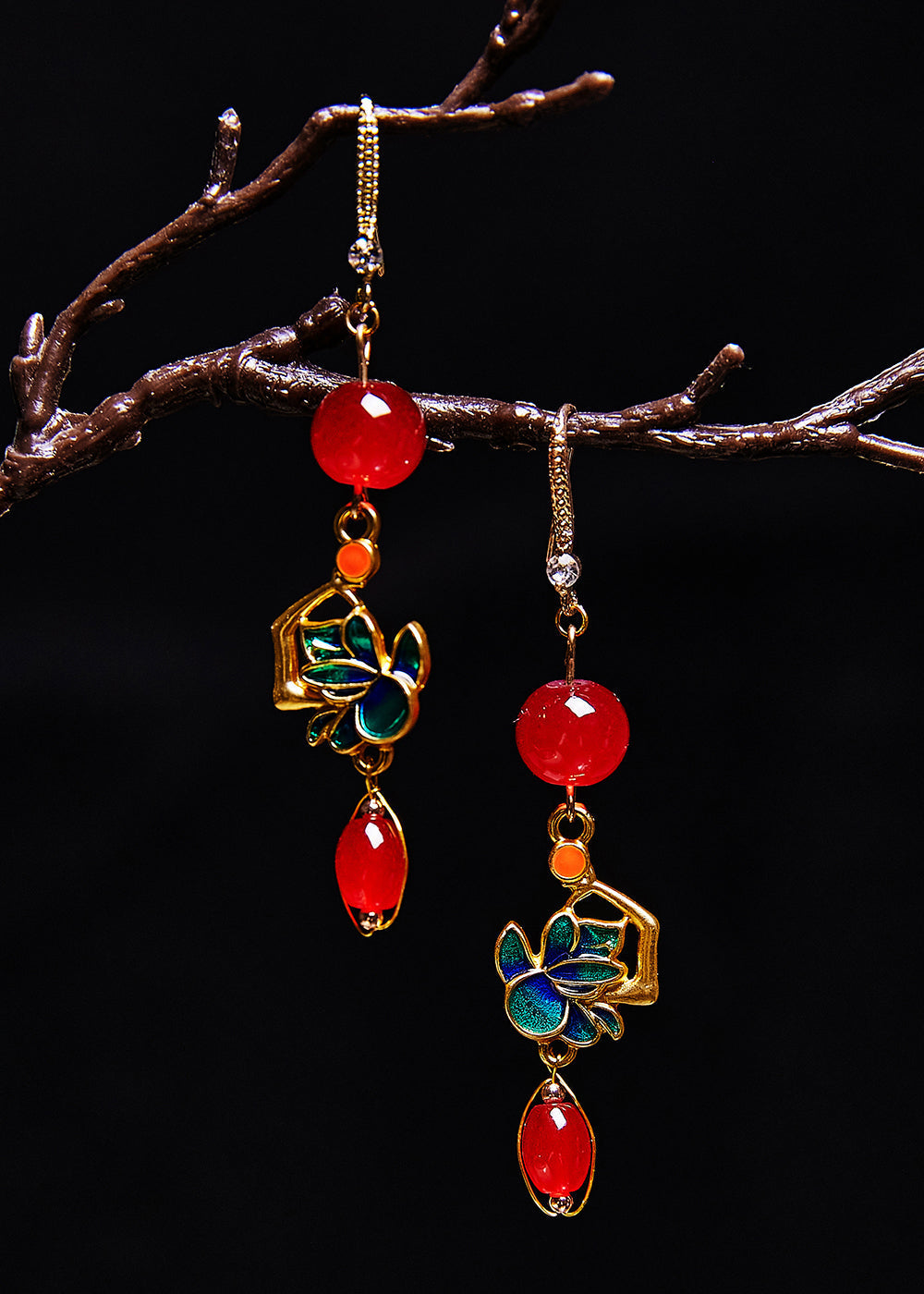Diy Red Gem Stone Gilding Drop Earrings