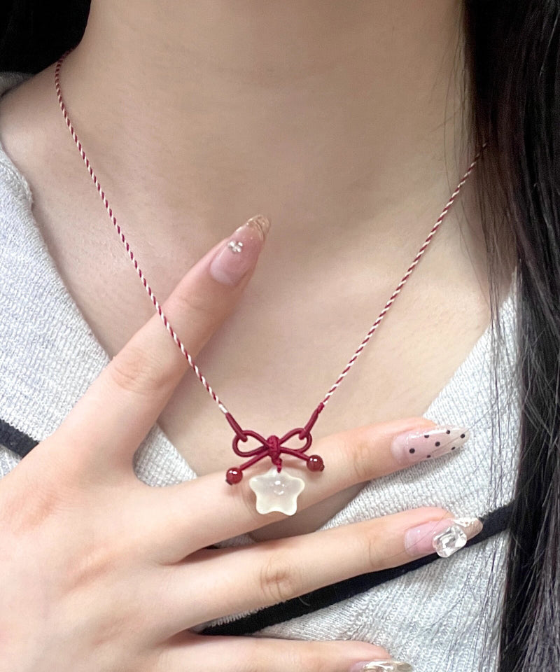 Diy Red Hand Woven Bow Star Pendant Necklace