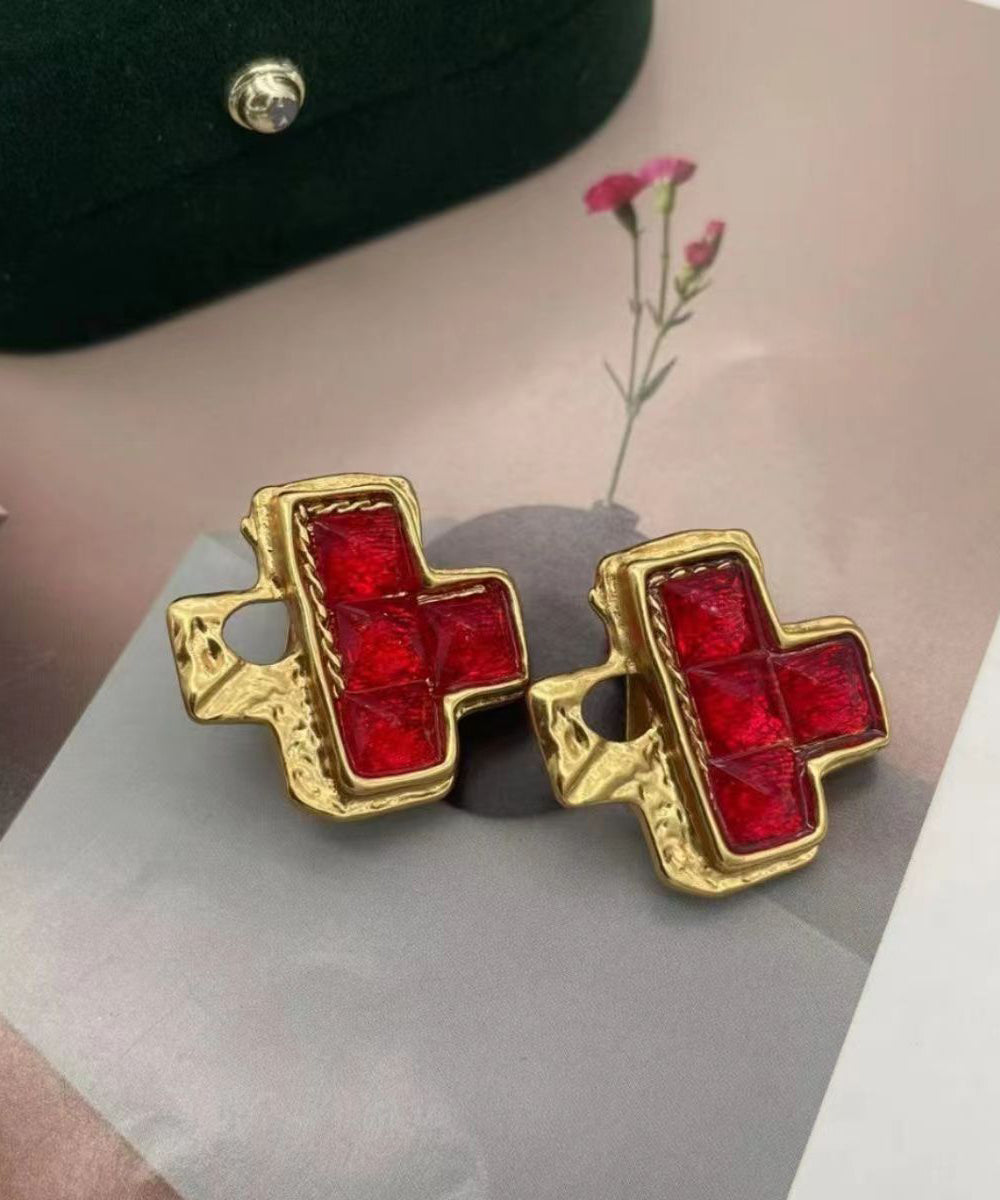 Diy Red Sterling Silver Overgild Crystal Asymmetric Stud Earrings Df1008