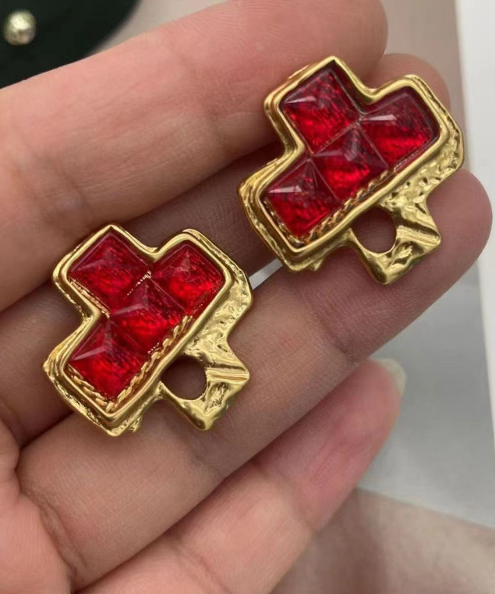 Diy Red Sterling Silver Overgild Crystal Asymmetric Stud Earrings Df1008