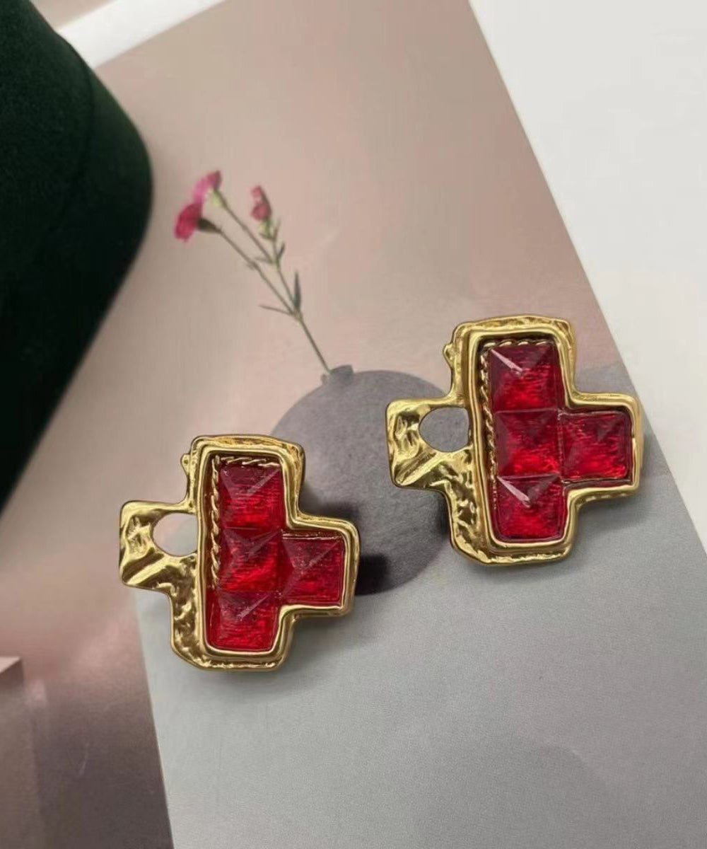 Diy Red Sterling Silver Overgild Crystal Asymmetric Stud Earrings Df1008