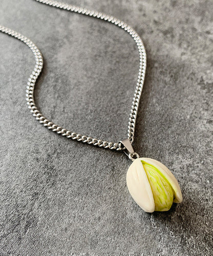 Diy Silk Stainless Steel Resin Pistachios Pendant Necklace Qj019