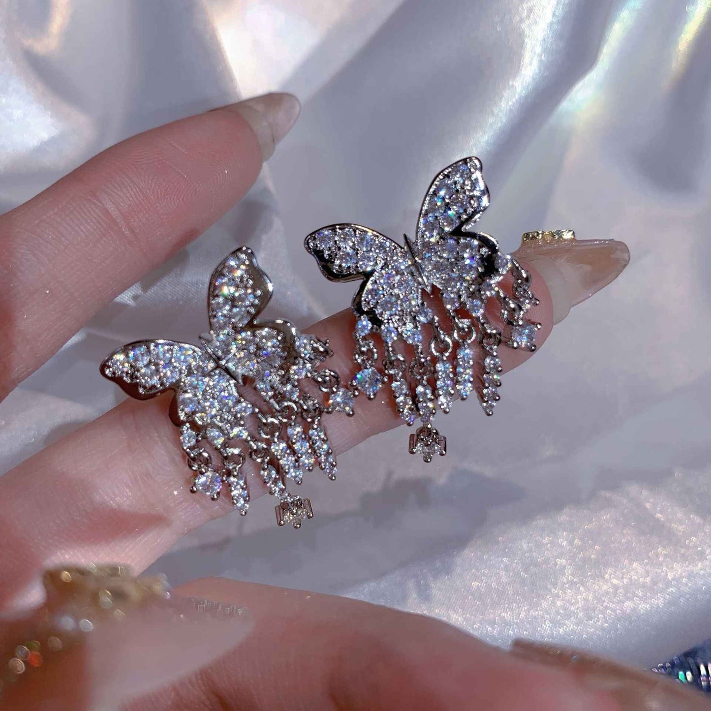 Diy Silk Sterling Silver Zircon Butterfly Tassel Drop Earrings