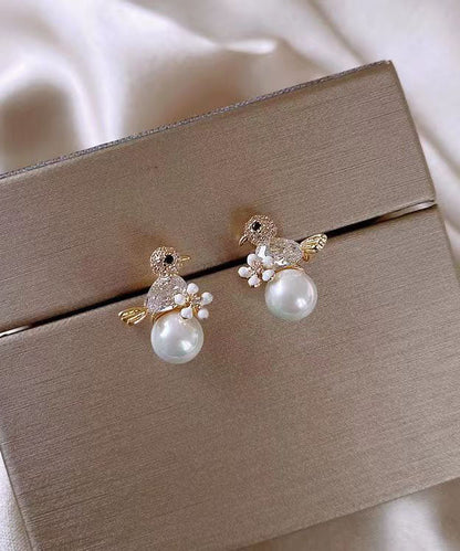 Diy White Sterling Silver Zircon Pearl Birdie Stud Earrings