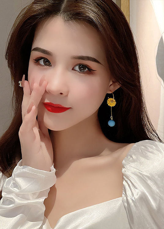 Diy Yellow Daisy Asymmetrical Design Metal Drop Earrings