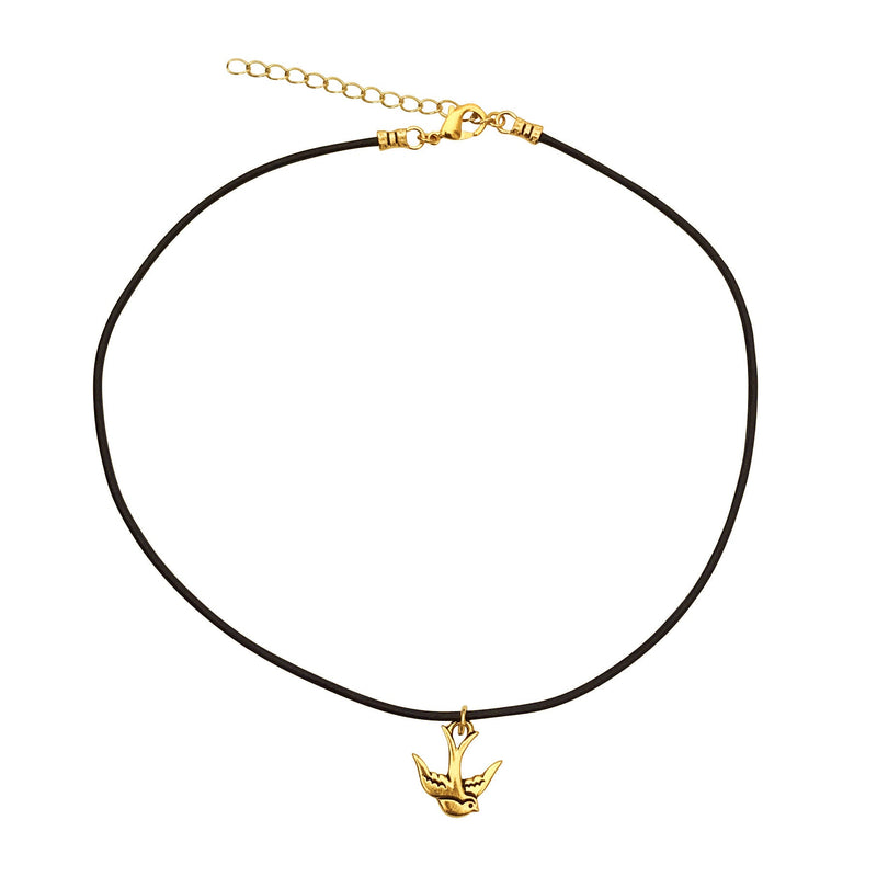 Dragonweave Swallow Bird Charm Necklace and Earring Set, Gold Plated Black Leather Choker and Leverback Earrings