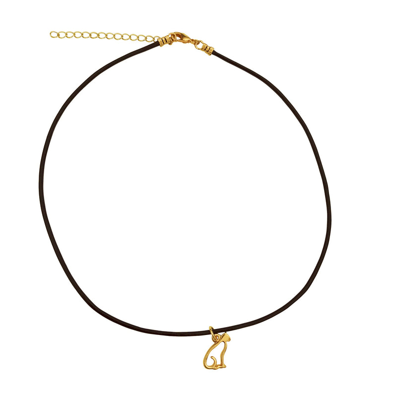 Dragonweave Cat Charm Necklace and Earring Set, Gold Plated Black Leather Choker and Leverback Earrings