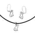 Dragonweave Cat Charm Necklace and Earring Set, Silver Black Leather Choker and Leverback Earrings