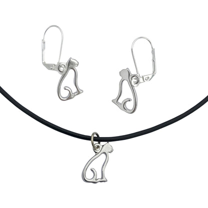 Dragonweave Cat Charm Necklace and Earring Set, Silver Black Leather Choker and Leverback Earrings