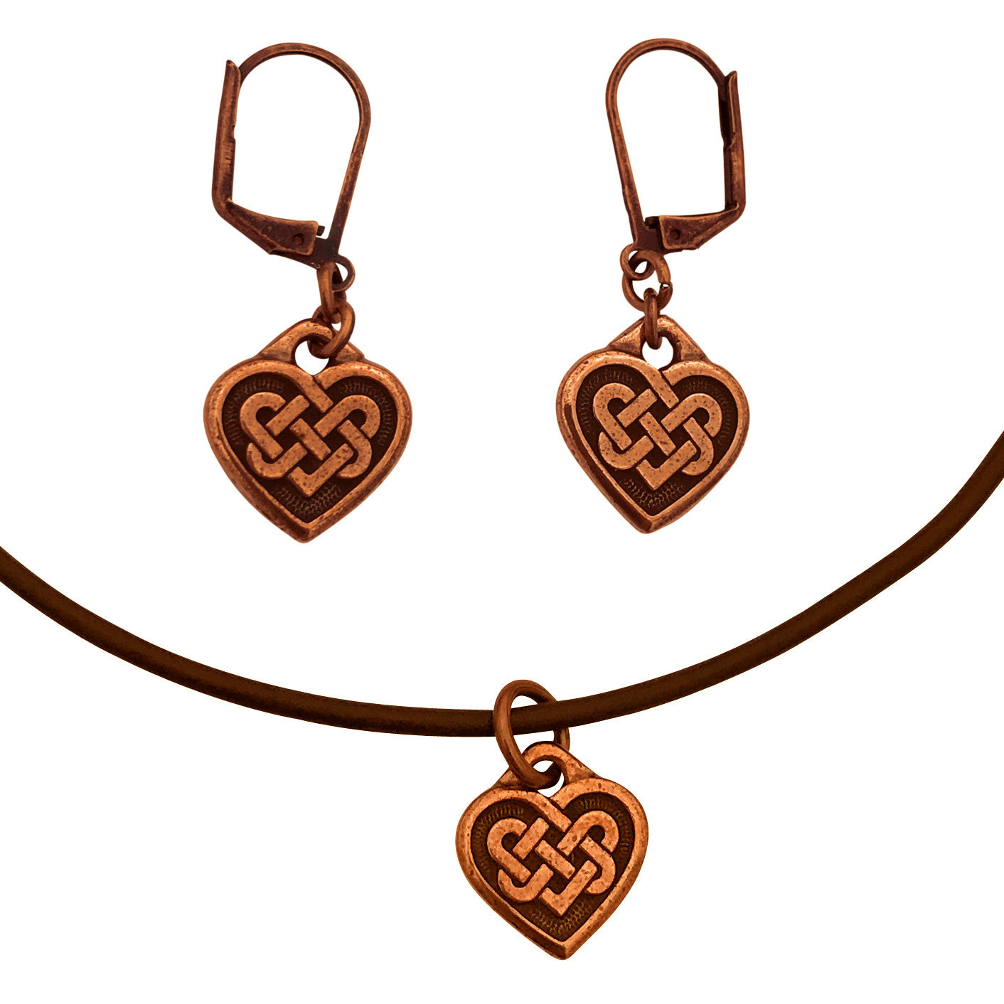 Dragonweave Celtic Heart Charm Necklace and Earring Set, Antique Copper Brown Leather Choker and Leverback Earrings