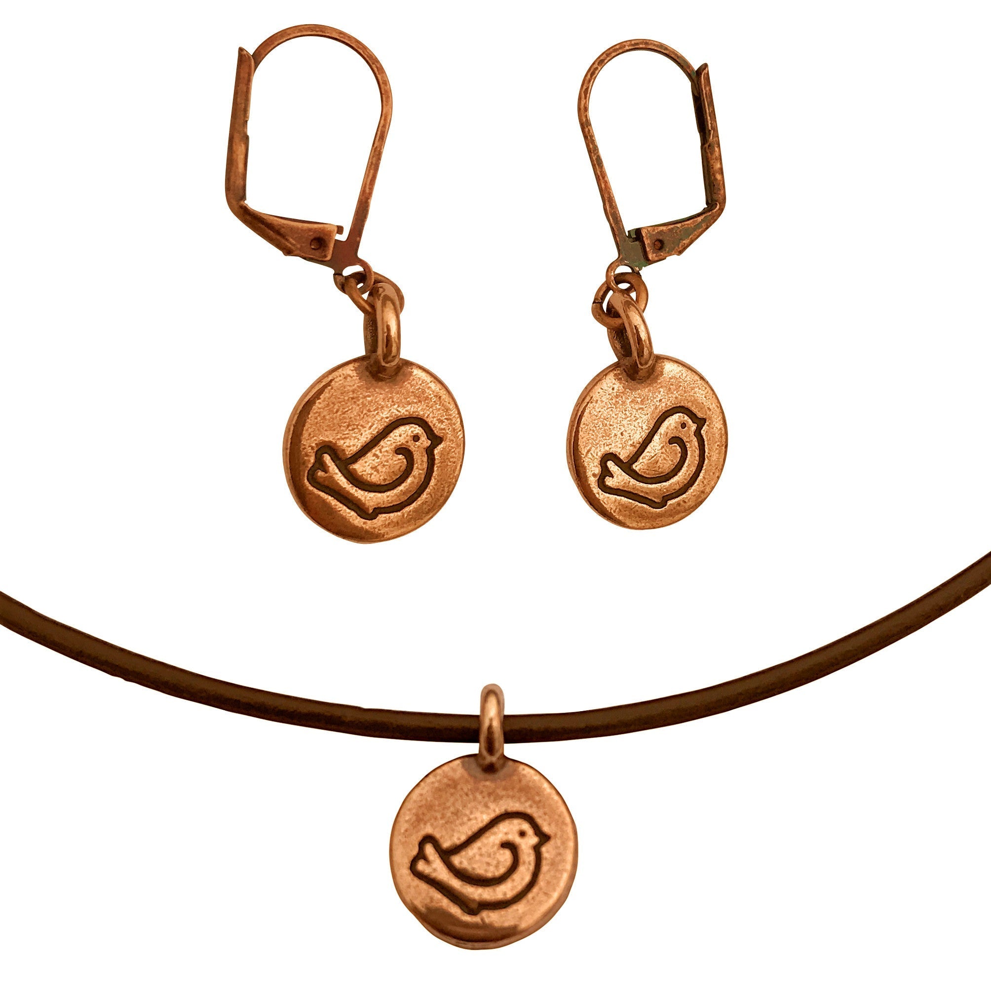 Dragonweave Bird Circle Charm Necklace and Earring Set, Antique Copper Brown Leather Choker and Leverback Earrings