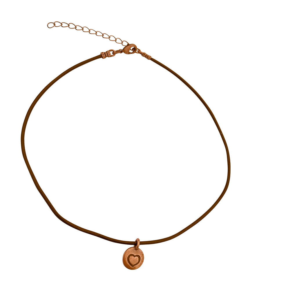Dragonweave Heart Circle Charm Necklace and Earring Set, Antique Copper Brown Leather Choker and Leverback Earrings