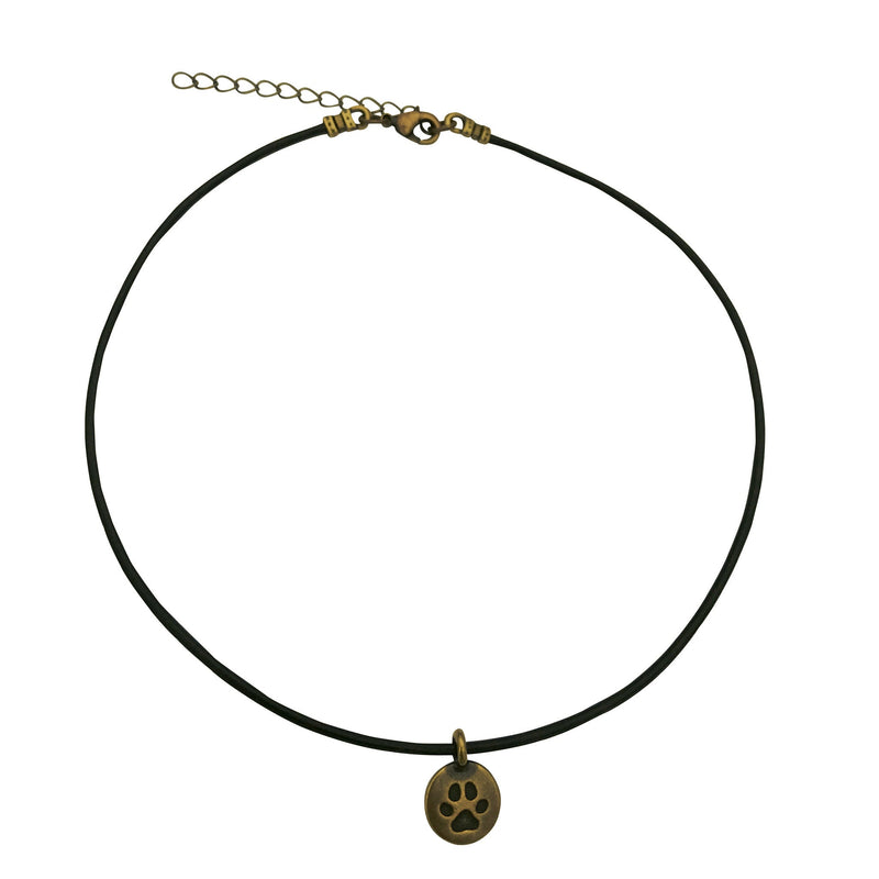 Dragonweave Paw Circle Charm Necklace and Earring Set, Antique Brass Black Leather Choker and Leverback Earrings