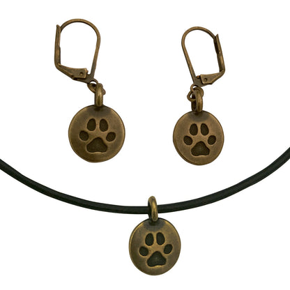 Dragonweave Paw Circle Charm Necklace and Earring Set, Antique Brass Black Leather Choker and Leverback Earrings