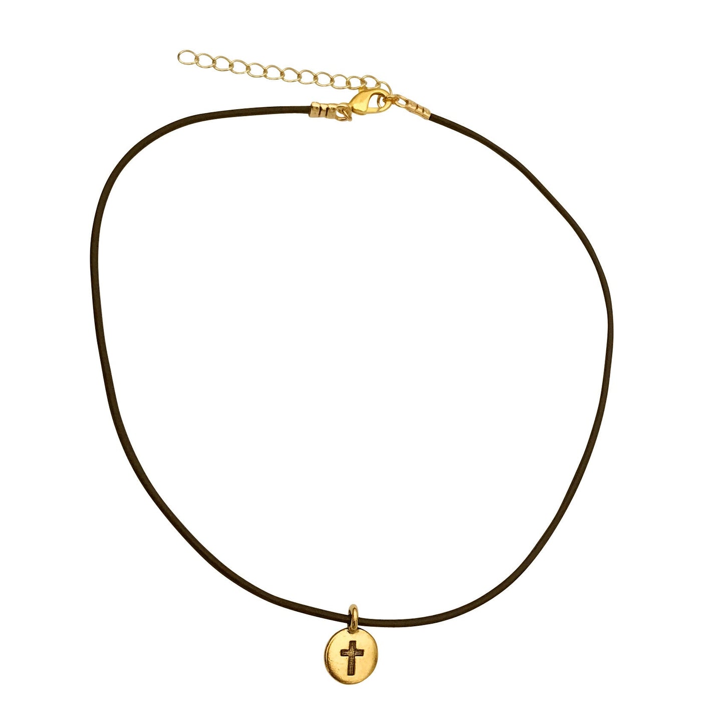 Dragonweave Cross Circle Charm Necklace and Earring Set, Gold Plated Black Leather Choker and Leverback Earrings