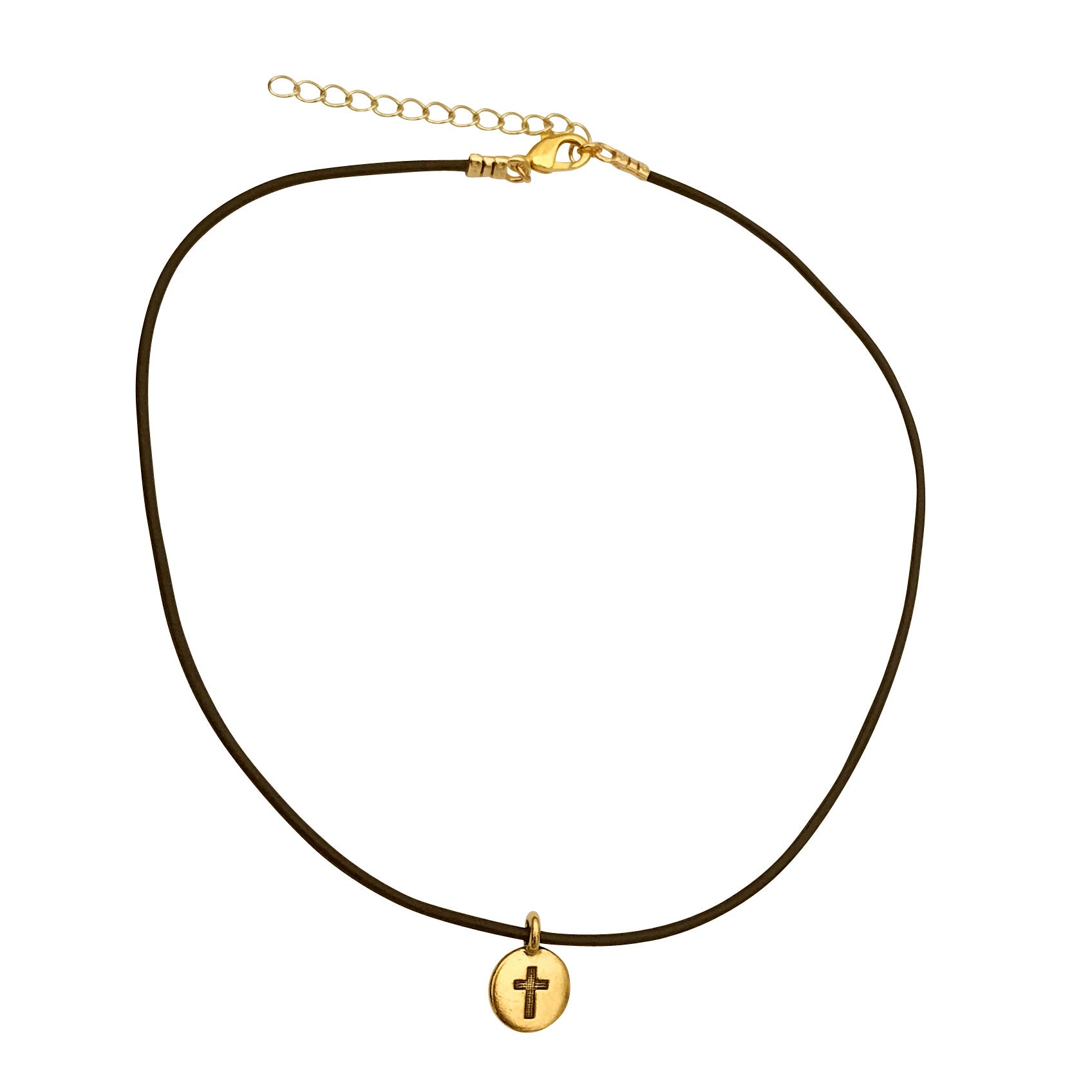 Dragonweave Cross Circle Charm Necklace and Earring Set, Gold Plated Black Leather Choker and Leverback Earrings