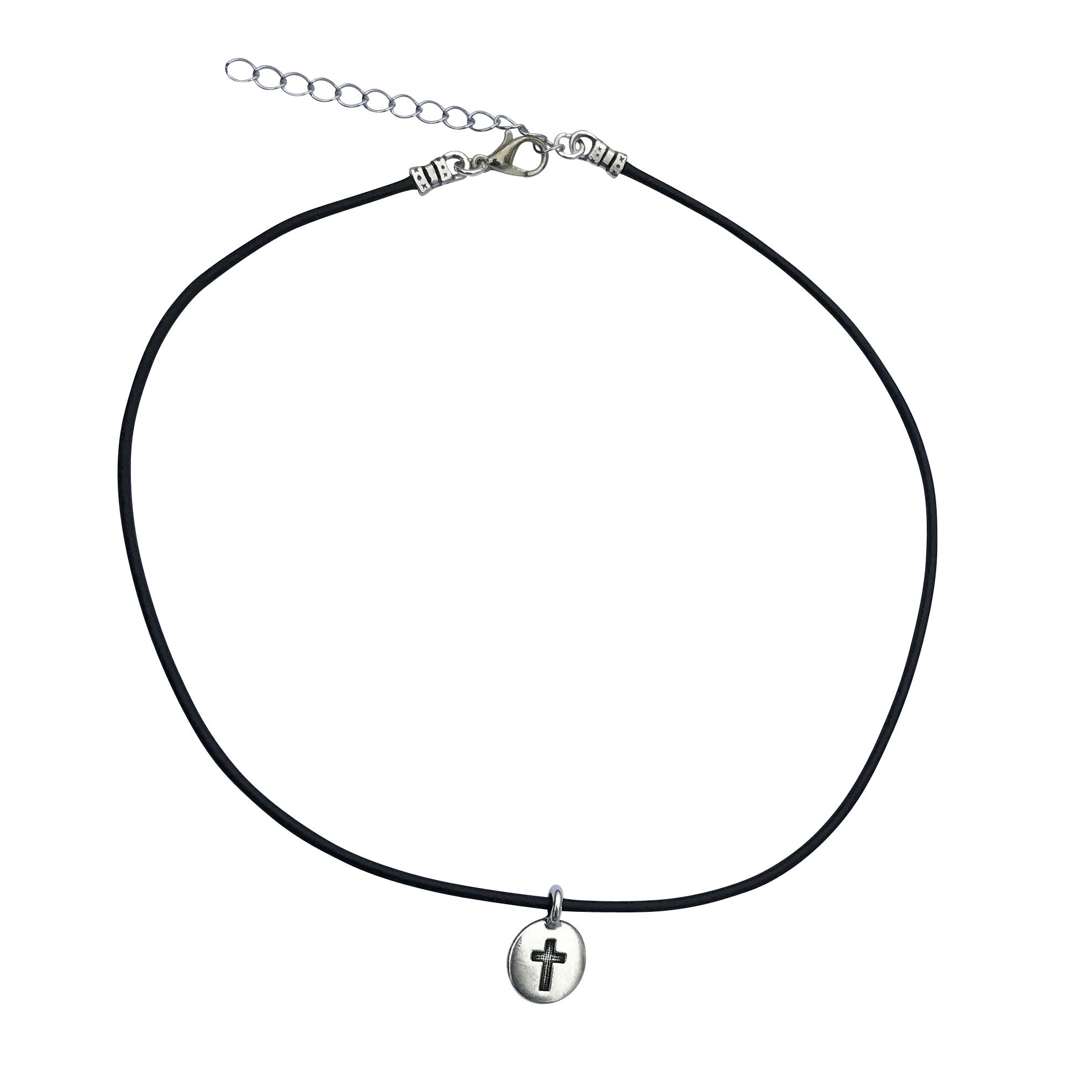Dragonweave Cross Circle Charm Necklace and Earring Set, Silver Plated Black Leather Choker and Leverback Earrings