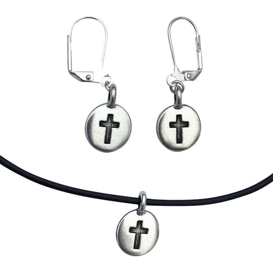 Dragonweave Cross Circle Charm Necklace and Earring Set, Silver Plated Black Leather Choker and Leverback Earrings