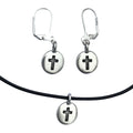 Dragonweave Cross Circle Charm Necklace and Earring Set, Silver Plated Black Leather Choker and Leverback Earrings