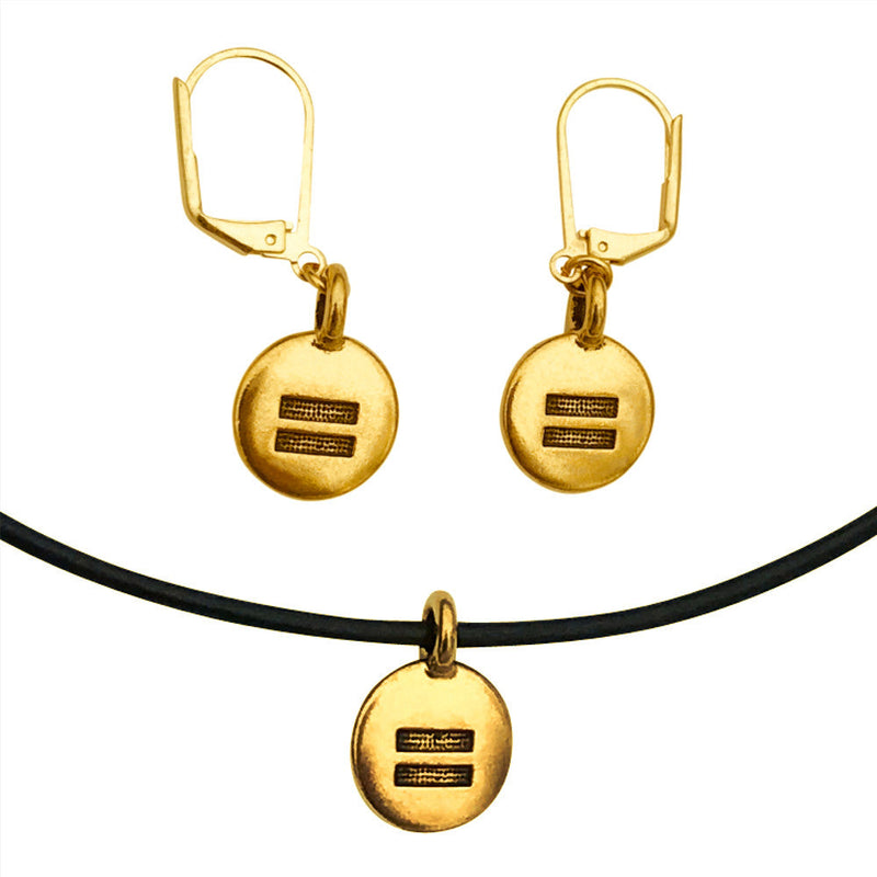 Dragonweave Equality Circle Charm Necklace and Earring Set, Gold Plated Black Leather Choker and Leverback Earrings