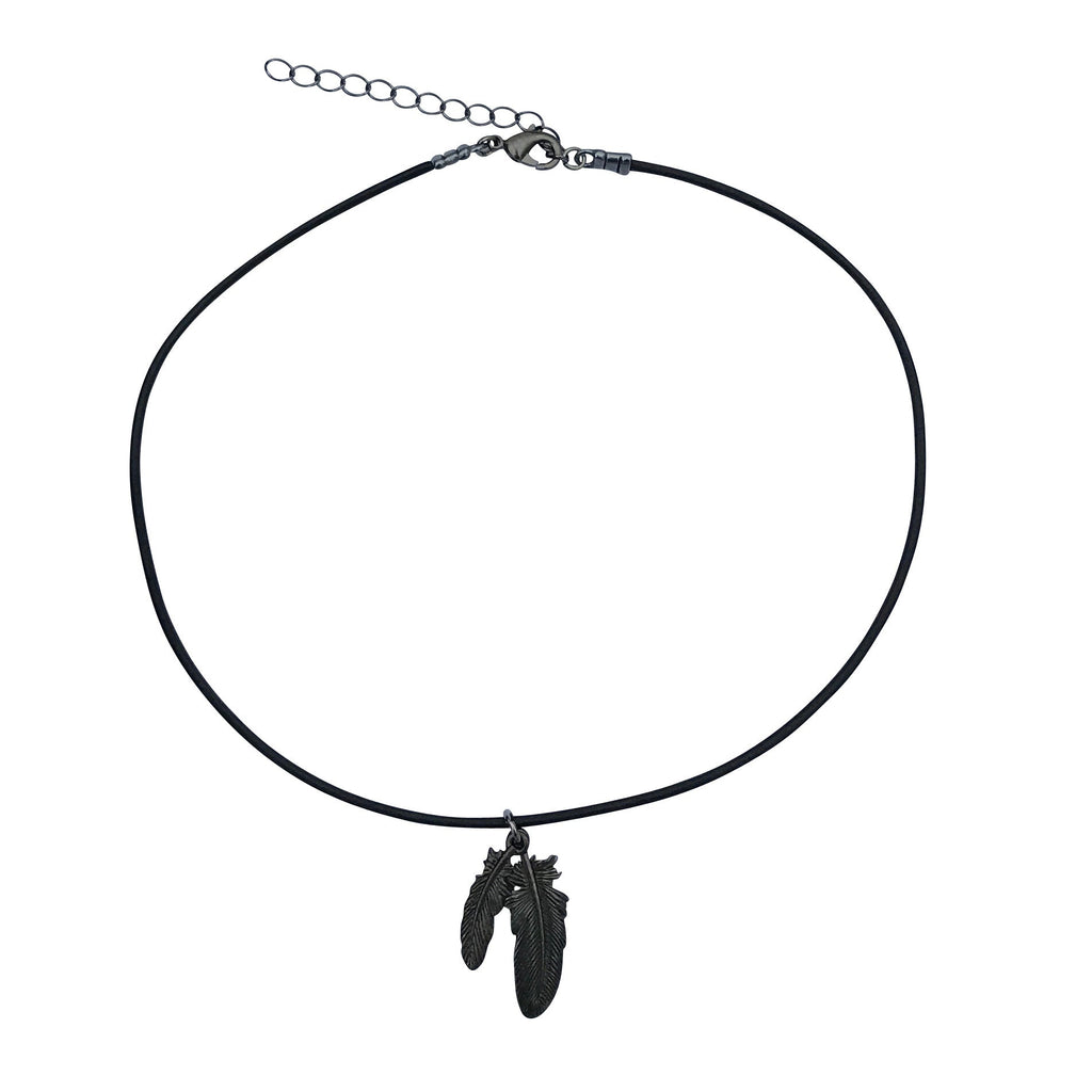 Dragonweave Raven Feather Charm Necklace and Earring Set, Gunmetal Black Leather Choker and Leverback Earrings