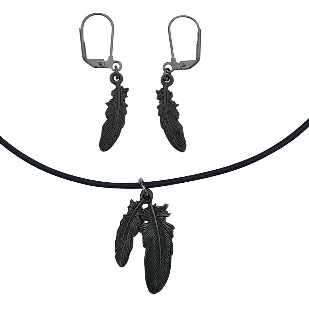 Dragonweave Raven Feather Charm Necklace and Earring Set, Gunmetal Black Leather Choker and Leverback Earrings