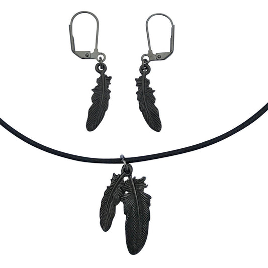 Dragonweave Raven Feather Charm Necklace and Earring Set, Gunmetal Black Leather Choker and Leverback Earrings