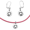 Dragonweave Heart Circle Charm Necklace and Earring Set, Silver Plated Pink Leather Choker and Leverback Earrings